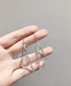 Elegant Minimalist Double-Layer Triangular Metal Hook Earrings with Diamond Inlay - High-End Fashion Accessories for Chic Looks