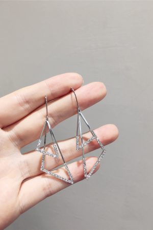 Elegant Minimalist Double-Layer Triangular Metal Hook Earrings with Diamond Inlay - High-End Fashion Accessories for Chic Looks