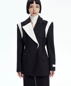 Elegant Modest Everyday Outfits, Feminine Corporate Outfit - Single Button Color Block Blazer