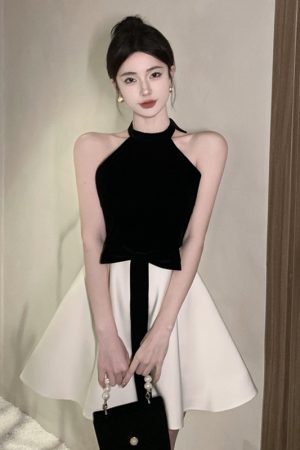 Elegant Off-Shoulder Halter Neck Party Dress - Summer 2025 Women's Hepburn Style for a Sophisticated Look