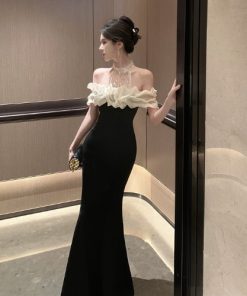 Elegant Off-Shoulder One-Shoulder Halter Dress for Women - French Hepburn Style Birthday Evening Gown, Sexy Fashion Statement