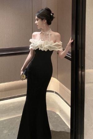 Elegant Off-Shoulder One-Shoulder Halter Dress for Women - French Hepburn Style Birthday Evening Gown, Sexy Fashion Statement