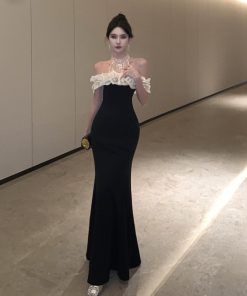 Elegant Off-Shoulder One-Shoulder Halter Dress for Women - French Hepburn Style Birthday Evening Gown, Sexy Fashion Statement