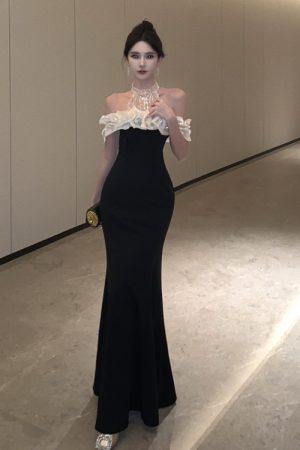 Elegant Off-Shoulder One-Shoulder Halter Dress for Women - French Hepburn Style Birthday Evening Gown, Sexy Fashion Statement