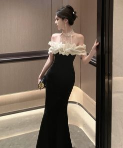 Elegant Off-Shoulder One-Shoulder Halter Dress for Women - French Hepburn Style Birthday Evening Gown, Sexy Fashion Statement
