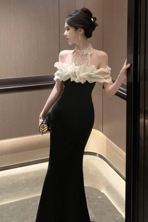 Elegant Off-Shoulder One-Shoulder Halter Dress for Women - French Hepburn Style Birthday Evening Gown, Sexy Fashion Statement