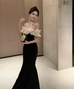 Elegant Off-Shoulder One-Shoulder Halter Dress for Women - French Hepburn Style Birthday Evening Gown, Sexy Fashion Statement