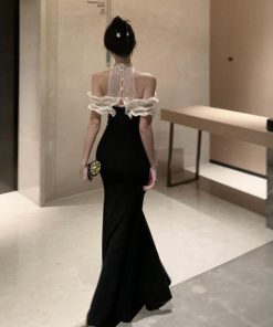 Elegant Off-Shoulder One-Shoulder Halter Dress for Women - French Hepburn Style Birthday Evening Gown, Sexy Fashion Statement