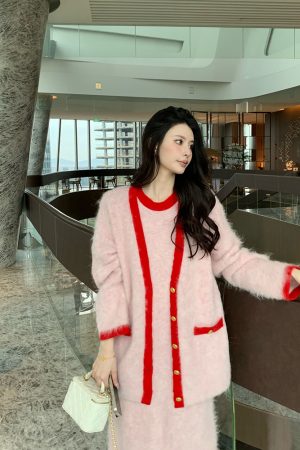 Elegant Pink Alpaca Wool Knitted Cardigan for Women, Winter Fashion, Cozy High-Quality Layering Top
