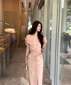 Elegant Pink Butterfly Manor Two-Piece Top and Skirt Set for Women - Summer 90s Inspired Fashion