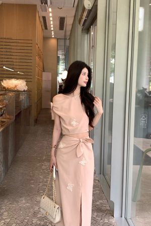 Elegant Pink Butterfly Manor Two-Piece Top and Skirt Set for Women - Summer 90s Inspired Fashion