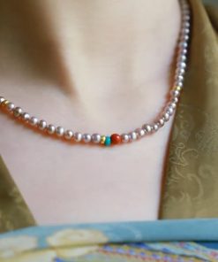 Elegant Powder Purple Pearl Necklace - High-End Retro Chinese Style Neck Chain and Bracelet for Women