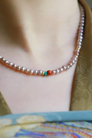 Elegant Powder Purple Pearl Necklace - High-End Retro Chinese Style Neck Chain and Bracelet for Women