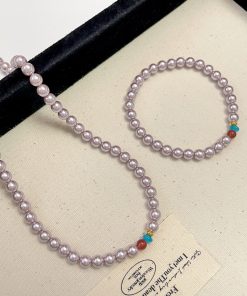 Elegant Powder Purple Pearl Necklace - High-End Retro Chinese Style Neck Chain and Bracelet for Women