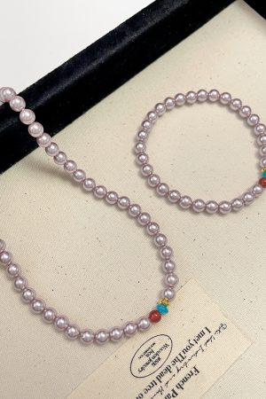 Elegant Powder Purple Pearl Necklace - High-End Retro Chinese Style Neck Chain and Bracelet for Women