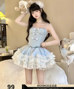 Elegant Princess Three-Piece Dress Set - Sea Salt Glacier Blue Heavy Coat & Tea Series with Fragrance Details