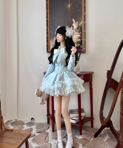 Elegant Princess Three-Piece Dress Set - Sea Salt Glacier Blue Heavy Coat & Tea Series with Fragrance Details