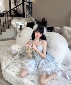 Elegant Princess Three-Piece Dress Set - Sea Salt Glacier Blue Heavy Coat & Tea Series with Fragrance Details