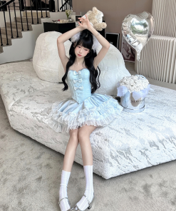 Elegant Princess Three-Piece Dress Set - Sea Salt Glacier Blue Heavy Coat & Tea Series with Fragrance Details