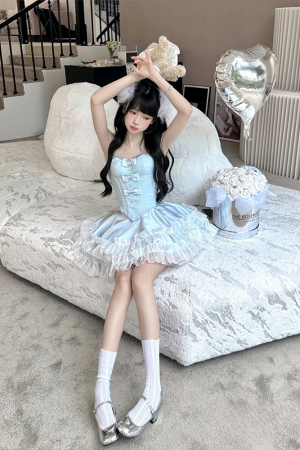 Elegant Princess Three-Piece Dress Set - Sea Salt Glacier Blue Heavy Coat & Tea Series with Fragrance Details