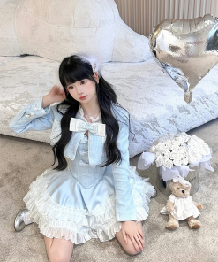 Elegant Princess Three-Piece Dress Set - Sea Salt Glacier Blue Heavy Coat & Tea Series with Fragrance Details