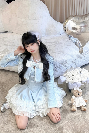 Elegant Princess Three-Piece Dress Set - Sea Salt Glacier Blue Heavy Coat & Tea Series with Fragrance Details