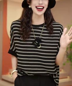 Elegant Printed Ice Silk Short Sleeve T-Shirt for Women, 2025 Summer Style, Light Luxury Loose Fit Top, Chic Fashion Essential