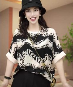 Elegant Printed Ice Silk Short Sleeve T-Shirt for Women, 2025 Summer Style, Light Luxury Loose Fit Top, Chic Fashion Essential