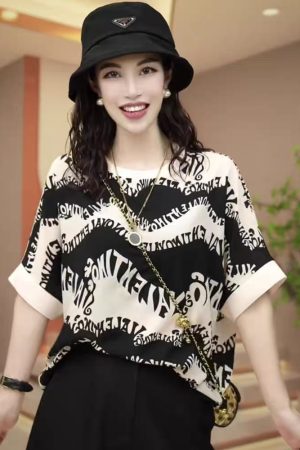 Elegant Printed Ice Silk Short Sleeve T-Shirt for Women, 2025 Summer Style, Light Luxury Loose Fit Top, Chic Fashion Essential