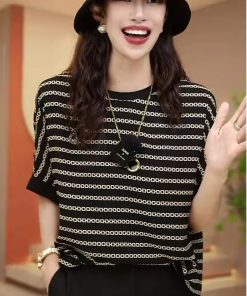 Elegant Printed Ice Silk Short Sleeve T-Shirt for Women, 2025 Summer Style, Light Luxury Loose Fit Top, Chic Fashion Essential