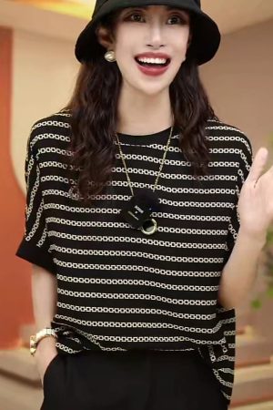 Elegant Printed Ice Silk Short Sleeve T-Shirt for Women, 2025 Summer Style, Light Luxury Loose Fit Top, Chic Fashion Essential