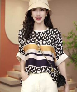 Elegant Printed Ice Silk Short Sleeve T-Shirt for Women, 2025 Summer Style, Light Luxury Loose Fit Top, Chic Fashion Essential