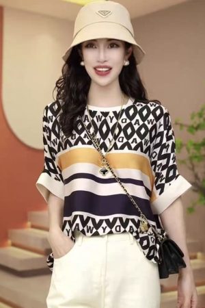 Elegant Printed Ice Silk Short Sleeve T-Shirt for Women, 2025 Summer Style, Light Luxury Loose Fit Top, Chic Fashion Essential