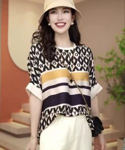 Elegant Printed Ice Silk Short Sleeve T-Shirt for Women, 2025 Summer Style, Light Luxury Loose Fit Top, Chic Fashion Essential