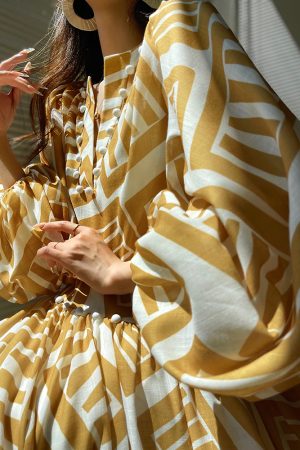 Elegant Printed Long Dress with French V-neck, Imitation Linen, Autumn Style, Vacation Ready, Boho Chic, Perfect for 90s Inspired Looks