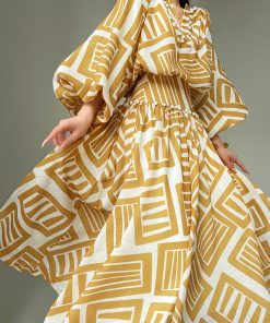 Elegant Printed Long Dress with French V-neck, Imitation Linen, Autumn Style, Vacation Ready, Boho Chic, Perfect for 90s Inspired Looks