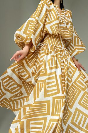 Elegant Printed Long Dress with French V-neck, Imitation Linen, Autumn Style, Vacation Ready, Boho Chic, Perfect for 90s Inspired Looks