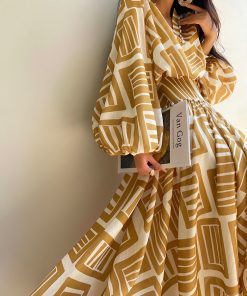 Elegant Printed Long Dress with French V-neck, Imitation Linen, Autumn Style, Vacation Ready, Boho Chic, Perfect for 90s Inspired Looks