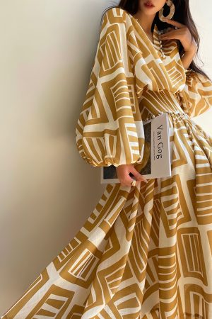 Elegant Printed Long Dress with French V-neck, Imitation Linen, Autumn Style, Vacation Ready, Boho Chic, Perfect for 90s Inspired Looks
