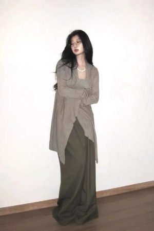 Elegant Pumpkin Wool Blend Irregular Hem Knit Cardigan - High Intelligence Old Money Style for Effortless Fall Fashion