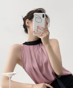 Elegant Purple Halter Camisole Top for Women - French-Style Off-Shoulder Sleeveless Vest for Summer Fashion