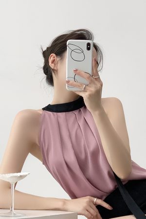 Elegant Purple Halter Camisole Top for Women - French-Style Off-Shoulder Sleeveless Vest for Summer Fashion