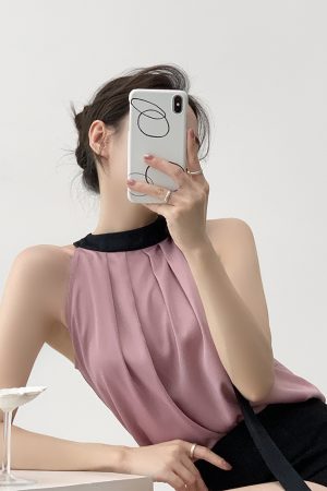 Elegant Purple Halter Camisole Top for Women - French-Style Off-Shoulder Sleeveless Vest for Summer Fashion