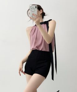 Elegant Purple Halter Camisole Top for Women - French-Style Off-Shoulder Sleeveless Vest for Summer Fashion