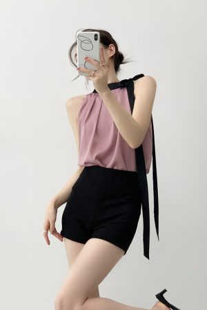 Elegant Purple Halter Camisole Top for Women - French-Style Off-Shoulder Sleeveless Vest for Summer Fashion