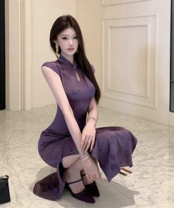 Elegant Purple Jacquard Qipao Dress with Slits - Stylish Summer Dress for Daily Wear in Modern Chinese Style
