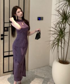 Elegant Purple Jacquard Qipao Dress with Slits - Stylish Summer Dress for Daily Wear in Modern Chinese Style