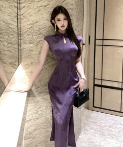 Elegant Purple Jacquard Qipao Dress with Slits - Stylish Summer Dress for Daily Wear in Modern Chinese Style