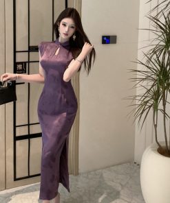 Elegant Purple Jacquard Qipao Dress with Slits - Stylish Summer Dress for Daily Wear in Modern Chinese Style