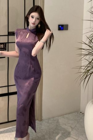Elegant Purple Jacquard Qipao Dress with Slits - Stylish Summer Dress for Daily Wear in Modern Chinese Style